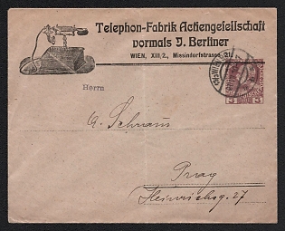 1910 (20 Jul) 3h Austria-Hungary, Postal Stationery Advertising Cover "Telephone factory", from Vienna (Austria) to Prague (Czechia)
