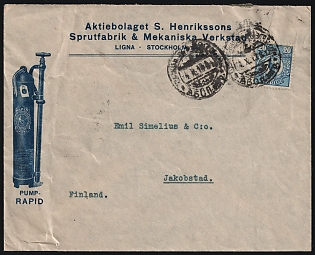 1913 (14 Oct) 'S. Henriksson's Spray Factory and Mechanical Workshop Ltd.', Sweden Commercial Cover from Stockholm (Sweden) to Jakobstad (Finland), franked with 20o