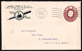 1928 (11 Jan) 1.5d 'Mabie, Todd & Co., Ltd., Swan House, 133 - 135, Oxford St., London, W.1.', Great Britain Postal Stationery Commercial Cover from London (England) to Andover (England)