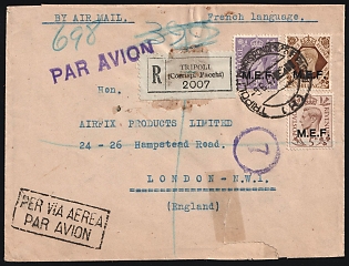 1947 (3 Jun) British Occupation of Italian Colonies, Middle East Forces, International Registered Airmail Cover from Tripoli (Libya) to London (England), franked with 3d, 5d and 1s
