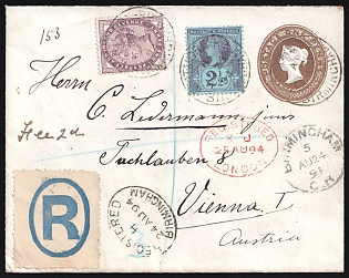 1894 (24 Aug) 1d Great Britain, Postal Stationery Registered International Cover from Birmingham (England) via London (England) to Vienna (Austria), additionally franked with 1d and 2.5d