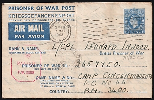 1943 (7 May) 2.5d Postal Stationery Censored Airmail POW Cover from Birmingham (England) to P. C (Concentration Camp) №66 located in Capua (Italy) that served by Posta Militare 'P.M. 3400', with Red 'P. W. 3308' Censorship Handstamp