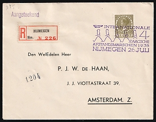 1938 (26 Jul) Netherlands, 'Nijmegen International 4 Day Distance Walk', Registered Cover from Nijmegen to Amsterdam franked with 21c, Commemorative Postmark
