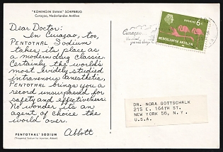 1959 (3 Mar) Curacao, Netherlands Antilles, Netherlands, Famous Pharmaceutical Marketing Tactic 'Dear Doctor' campaign by Abbott Laboratories to subtly promote the anesthetic Pentothal, Postcard from Curacao to New York franked with 6c