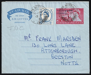 1957 (12 Sep) Great Britain Airmail Postal Stationery Cover from Beeston (Nottinghamshire, England) to Marsden (England), franked with FDC (First Day Cancellation) 4d