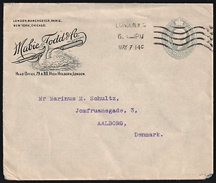 1914 (7 May) 2.5d Great Britain, 'Mabie, Todd & Co', Postal Stationery Commercial Cover from London (England) to Aalborg (Denmark)