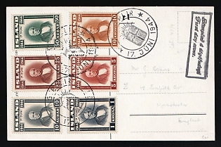 1944 (17 Jun) 'Jon Sigurdsson. Republic Day' Republic of Iceland, FDC Postcard from Reykjavik (Republic of Iceland) to Manchester (England) franked with Full Set of 10a - 10kr
