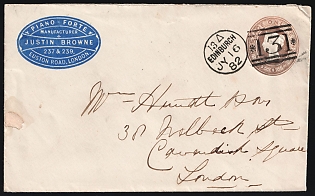 1882 (16 Jul) 1d Great Britain, 'Piano - Forte Manufacturer, Justin Browne', Postal Stationery Commercial Cover from Edinburgh (Scotland) to London (England), cancelled by Rectangular Barred Numeral '131' Postmark