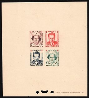 1949 Principality of Monaco, Red Cross, Complete Set, Composite Proof, Epreuve de Luxe, Deluxe Presentation Souvenir Sheet