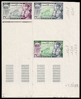 1953 15fr Principality of Monaco, Trial Color Proofs, Imperforate, Block, Corner Margins, Sheet Inscription, Plate Number