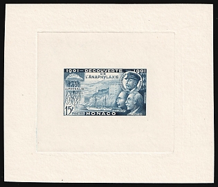 1953 15fr Principality of Monaco, Proof Sheetlet, Deluxe Epreuve de Luxe, Presentation Miniature Sheet, Blue