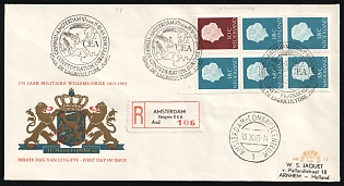 1965 (13 Oct) Netherlands, 'Congress of the European Confederation of Agriculture', '150 years of the Military Order of Wilhelm' Registered FDC Cover from Amsterdam to Arnhem franked with Se-tenant Block, Commemorative Postmarks