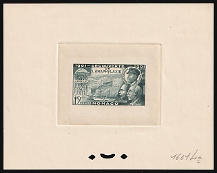 1953 15fr Principality of Monaco, Proof Sheetlet, Epreuve de Luxe, Deluxe Presentation Miniature Sheet, Dark Green-Grey