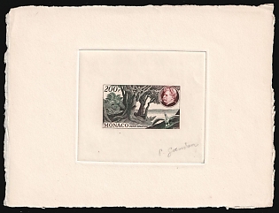 1955 200fr Principality of Monaco, Airmail, Master Die Proof Sunken Sheetlet, Multi-Color, Signature