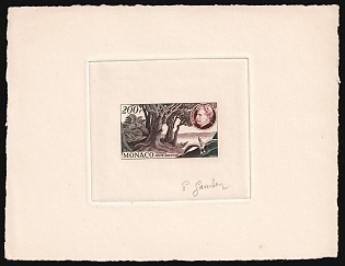 1955 200fr Principality of Monaco, Airmail, Master Die Proof Sunken Sheetlet, Multi-Color, Signature