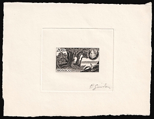 1955 200fr Principality of Monaco, Airmail, Master Die Proof Sunken Sheetlet, Trial Color, Signature