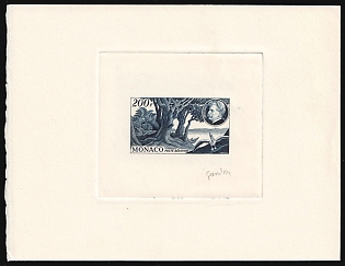 1955 200fr Principality of Monaco, Airmail, Master Die Proof Sunken Sheetlet, Trial Color, Signature