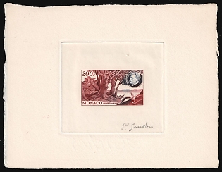 1955 200fr Principality of Monaco, Airmail, Master Die Proof Sunken Sheetlet, Multi-Color, Signature