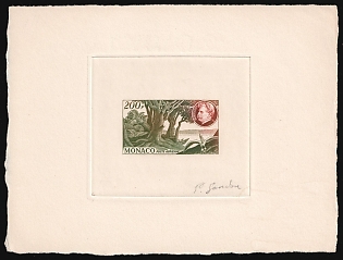 1955 200fr Principality of Monaco, Airmail, Master Die Proof Sunken Sheetlet, Multi-Color, Signature