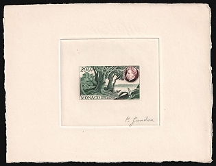 1955 200fr Principality of Monaco, Airmail, Master Die Proof Sunken Sheetlet, Trial Color, Signature