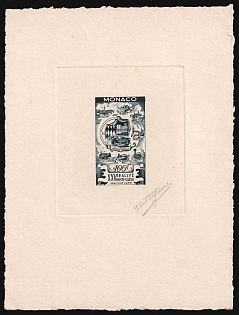 1955 100fr Principality of Monaco, Master Die Proof Sunken Sheetlet, Dark Blue-Grey, Signature