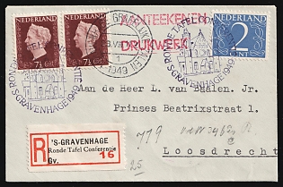 1949 (23 Aug) Netherlands, 'Round Table Conference', Registered Cover from Hague to Loosdrecht franked with 2c and pair of 7.5c, Commemorative Postmarks