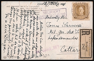 Austria-Hungary, Military Mail Field Post Feldpost Censored Postcard from Belgrade (Serbia) to Kotor (Montenegro), franked with 40h