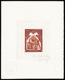 1972 3.00fr Principality of Monaco, Master Die Proof Sunken Sheetlet, Red-Brown, Signature