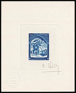 1974 3.00fr Principality of Monaco, Master Die Proof Sunken Sheetlet, Blue, Signature