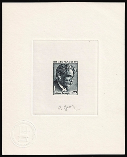 1975 0.60fr Principality of Monaco, Master Die Proof Sunken Sheetlet, Watermark, Black, Signature