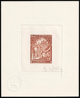 1977 4.00fr Principality of Monaco, Master Die Proof Sunken Sheetlet, Brown, Signature