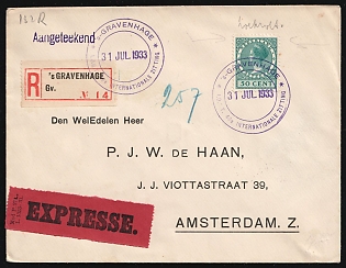 1933 (31 Jul) Netherlands, 'International Meeting', Registered Express Cover from Hague to Amsterdam franked with 50c