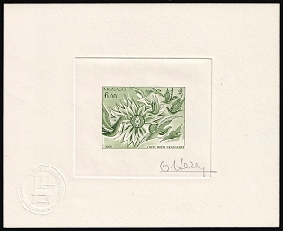1980 6.00fr Principality of Monaco, Master Die Proof Sunken Sheetlet, Green, Signature