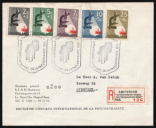 1955 (15 Sep) Netherlands, '2nd International Congress of Prestressed Concrete', Registered Cover from Amsterdam to Overveen franked with full set of 5c-25c Charity stamps 'Cancer Fight', Commemorative Postmarks