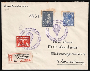 1942 (6 Apr) Netherlands, '1st Balloon Mail Flight of the Hague Balloon Club', Registered Cover locally addressed in Hague franked with 1c, 1.5c and 12.5c, Commemorative Postmarks