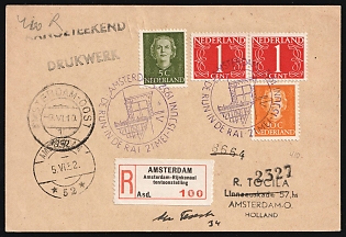 1952 (5 Jun) Netherlands, 'Amsterdam-Rhine Canal exhibition', Registered Postcard locally addressed in Amsterdam franked with 5c, 10c and pair of 1c, Commemorative Postmarks