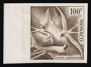 1955 100fr Principality of Monaco, Airmail, Trial Color Proof, Imperforate, Margin