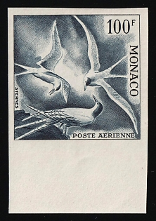 1955 100fr Principality of Monaco, Airmail, Trial Color Proof, Imperforate, Margin