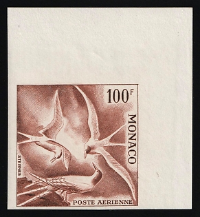 1955 100fr Principality of Monaco, Airmail, Trial Color Proof, Imperforate, Corner Margins