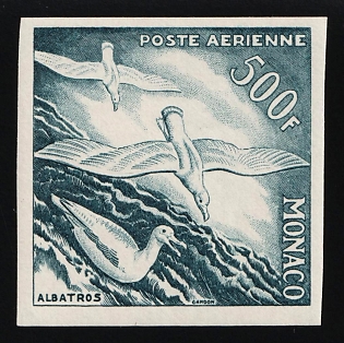 1955 500fr Principality of Monaco, Airmail, Trial Color Teal Proof, Imperforate