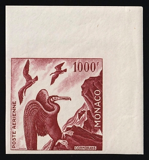 1955 1000fr Principality of Monaco, Airmail, Trial Color Proof, Imperforate, Corner Margins