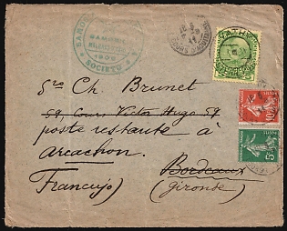 1911 Austria-Hungary, Austrian Post Offices on Crete, Part of Cover from Vathy (Greece) to Arcachon (Gironde, France), franked with mixed franking Austrian Post Offices in Crete 5c  and France 5c and 10c, 'Samos Esperanto Society' Postmark