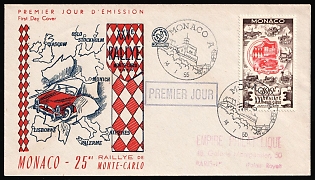 1955 14 (Jan) '25th Monte Carlo Rally', Monaco, First Day Cover from Monaco to Empire Philatelique, Paris (France), franked with Complete Set of 100Fr, Commemorative Postmarks