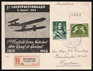 1944 (5 Mar) Netherlands, '3rd Airmail Congress', Registered Postcard from Rotterdam to Haarlem franked with 5c and 10c, Commemorative Postmark