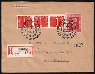 1947 (Jun) Netherlands, 'Red Cross Days', Registered Cover from Lunteren to Haarlem franked with 22.5c and strip of 1c, Commemorative Postmarks
