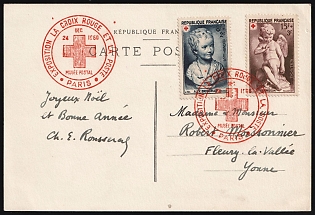 1950 (24 Dec) France, Postcard from Paris to Yonne, franked with Red Cross Complete Set 8fr+2fr and 15fr+3fr, Commemorative Postmarks