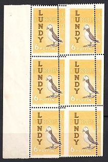 1961 6p Lundy Island, Great Britain, Block of Six, Local, Private Issue, Margin, Shifted Perforatioon