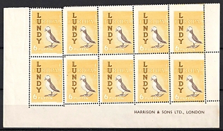 1961 6p Lundy Island, Great Britain, Block, Local, Private Issue, Margins, Shifted Perforatioon, Sheet Inscription