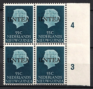 1962 45c Netherlands New Guinea, Double Overprint 'UNTEA', Block of Four, Margin, Plate Numbers, Type I