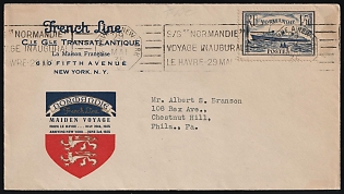 1935 (29 May) Normandy French Line First Trip, France, Cover franked with 1.50fr and Cinderella 'Le Havre New York Compagnie Generale Transatlantique', 'Normandy Inaugural Trip Le Havre May 29' Postmark